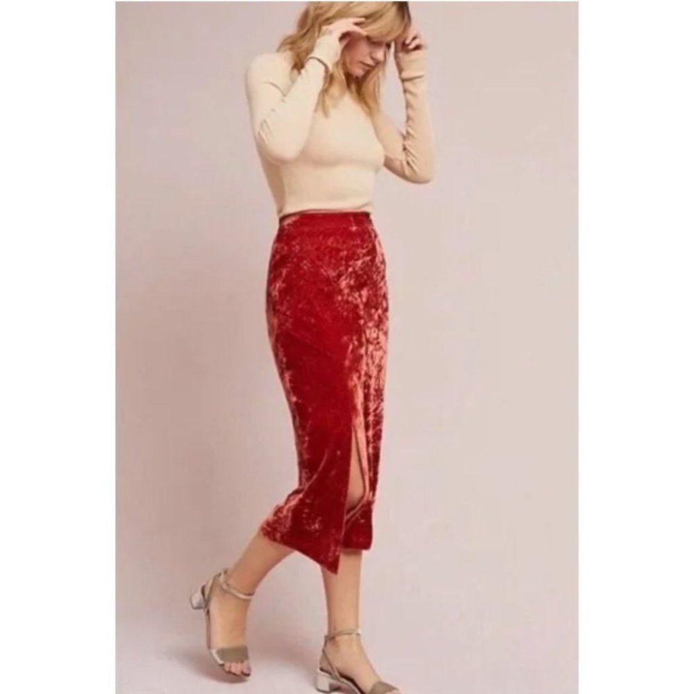 Maeve Anthropologie Crushed Velvet Midi Skirt Orange Straight Pencil 6
